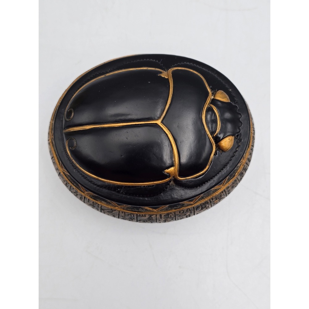 Pacific Giftware Egyptian Scarab Beetle Trinket Box Black Gold Hieroglyphics